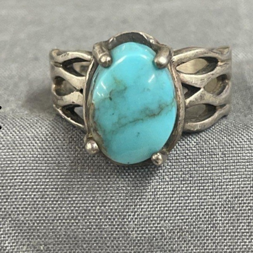 Vintage Sterling Silver 925 Turquoise Oval Cabochon Split Shank Ring Size 9.5